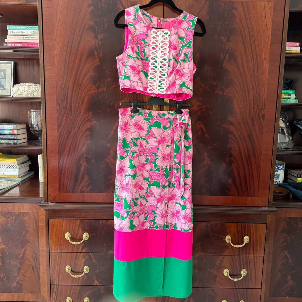 Lilly Pulitzer Leif Maxi Set Hibis Kiss Pink Green Size 8 - Picture 8 of 16